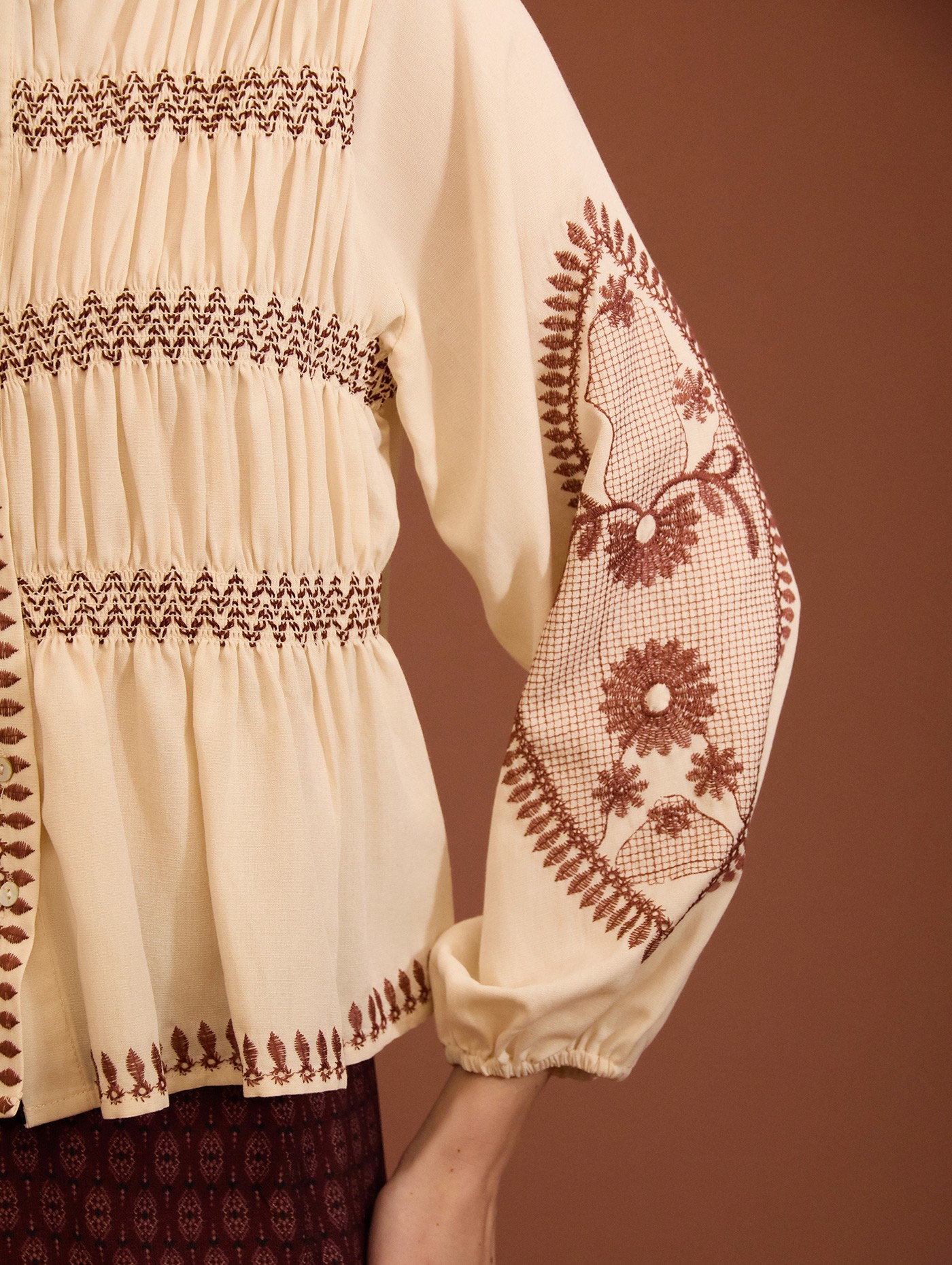 Embroidered blouse with gathers