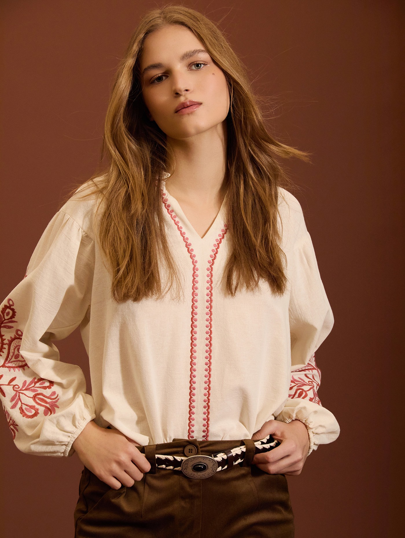 Contrast-embroidered blouse