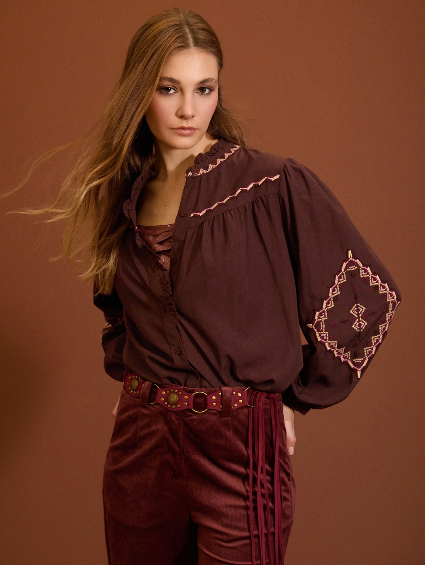 Embroidered blouse with ruffle detail