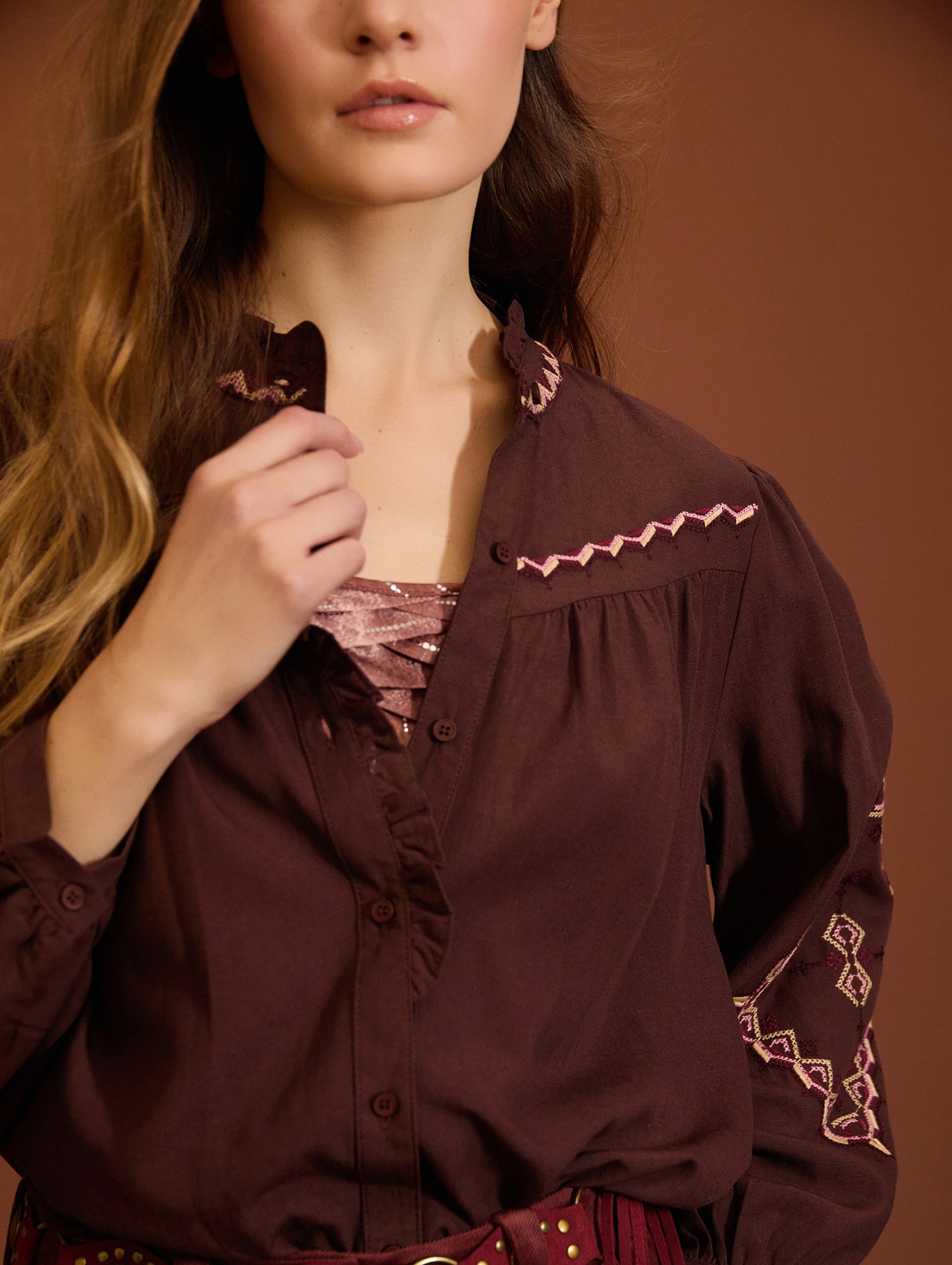 Embroidered blouse with ruffle detail