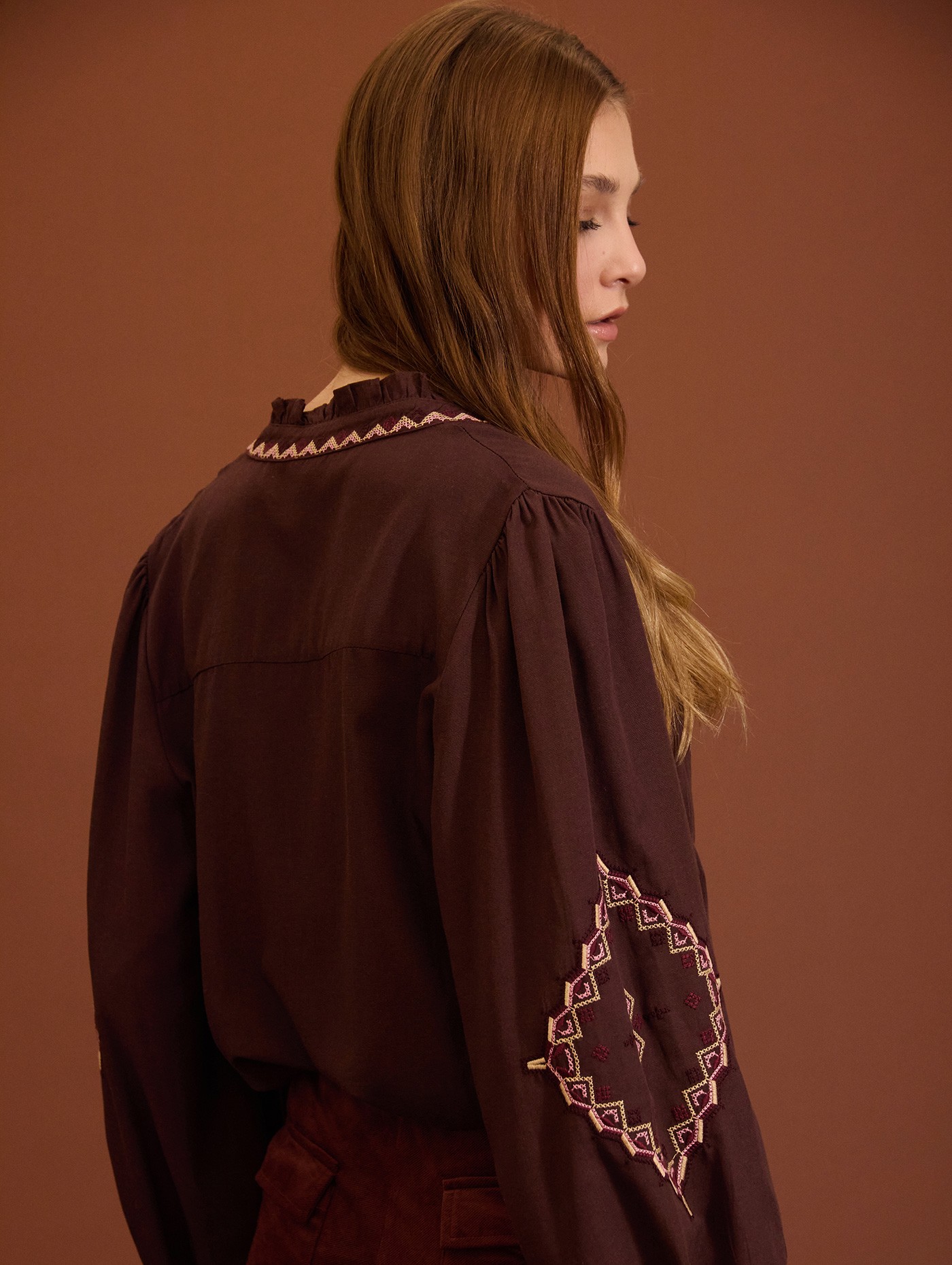 Embroidered blouse with ruffle detail