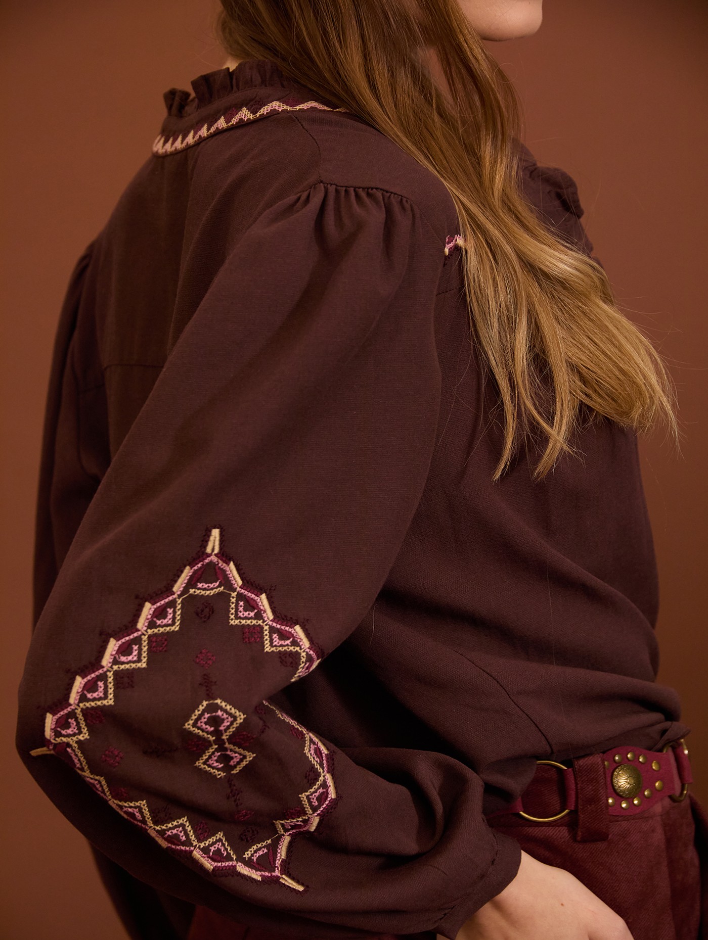 Embroidered blouse with ruffle detail
