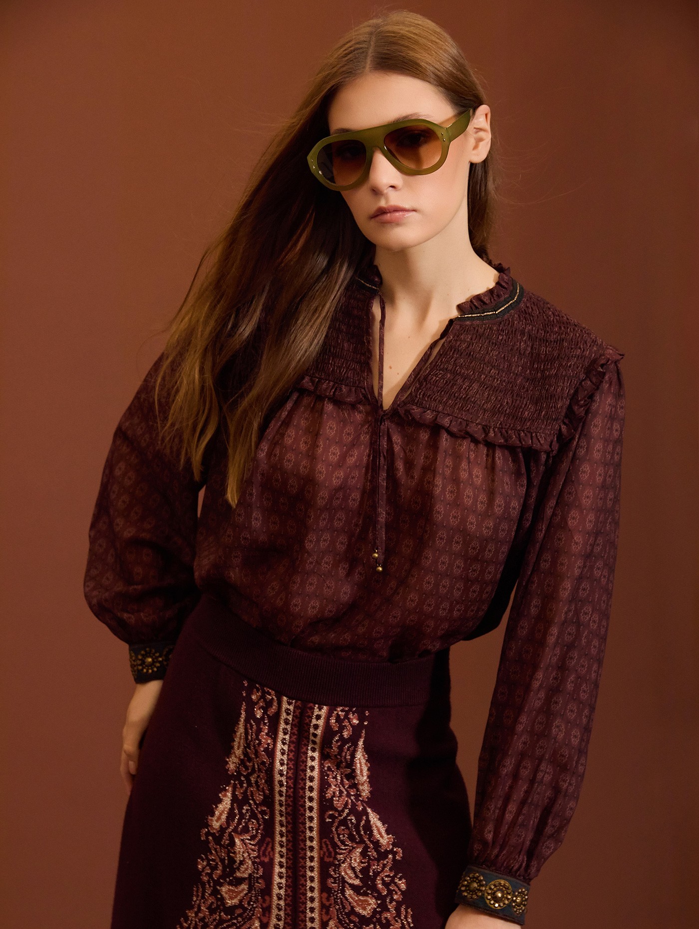 Printed chiffon blouse with studs