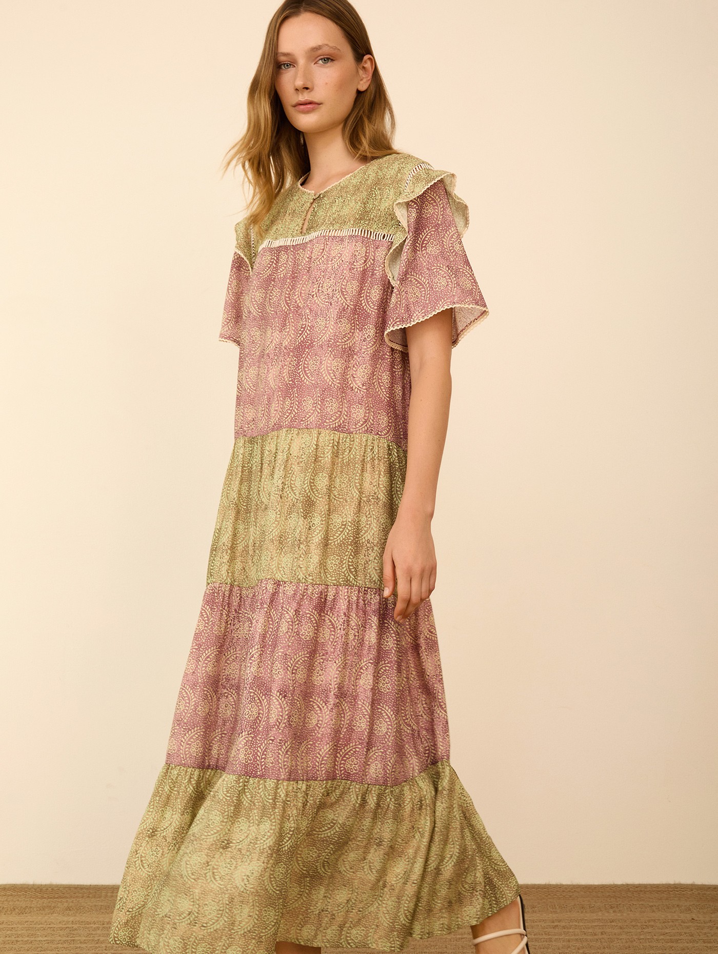 Vestido largo estampado bicolor