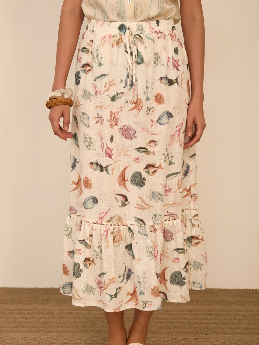 Falda midi estampado peces